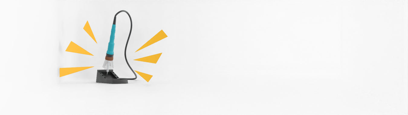 Illustration of a soldering iron placed on a stand with yellow action lines, representing essential laboratory tools for electronics and prototyping, on a white background.