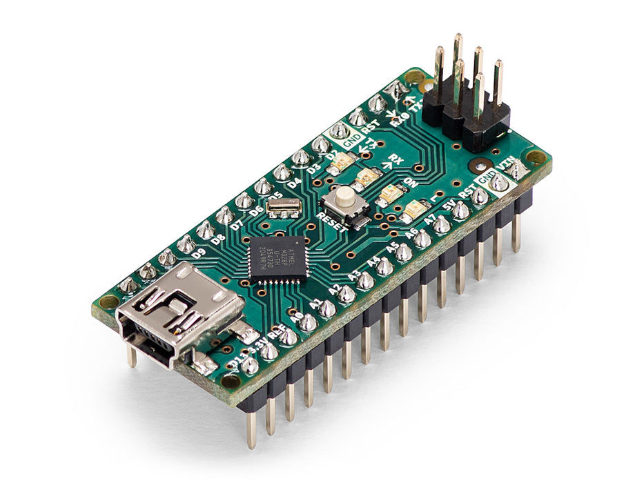 Isometric view of the Arduino Nano board highlighting component placement and the Mini-B USB port.